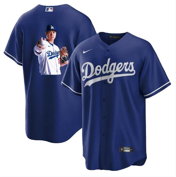Men's Los Angeles Dodgers #17 Shohei Ohtani Blue Big Logo Cool Base Stitched Jersey